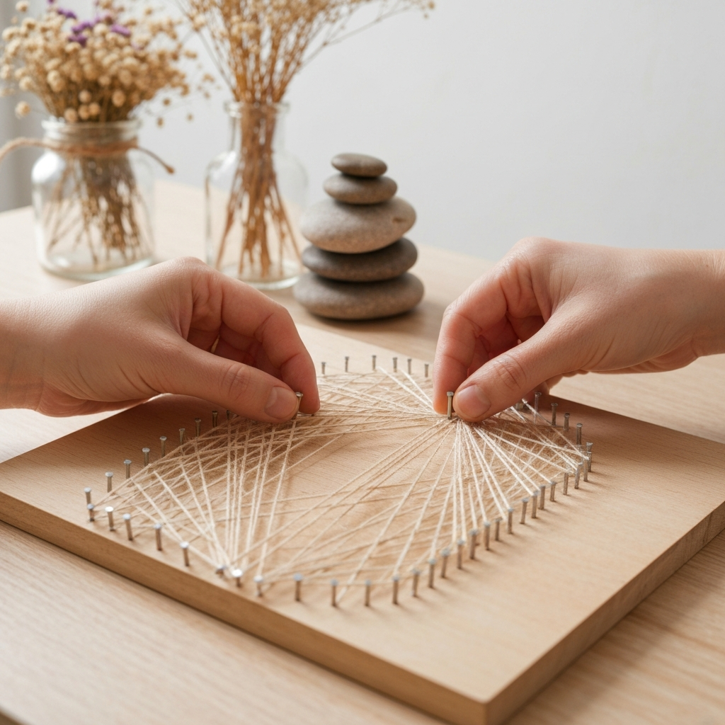 Bàn làm việc với dự án tranh chỉ DIY, kết hợp sợi và vật liệu tự nhiên