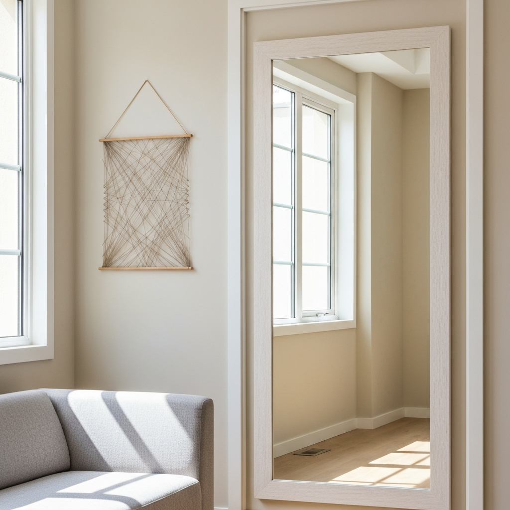 Gương lớn đặt đối diện cửa sổ phản chiếu ánh sáng và tranh chỉ nghệ thuật tạo chiều sâu