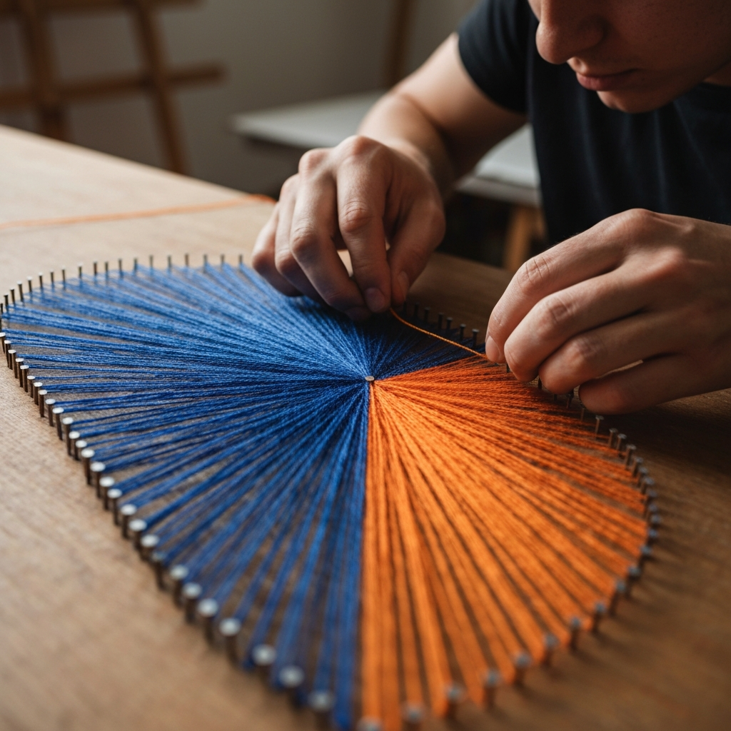 Đôi bàn tay nghệ nhân đang tỉ mỉ cuốn chỉ tạo hiệu ứng gradient màu tím trên tranh string art, phía sau là nhiều cuộn chỉ màu sắc.