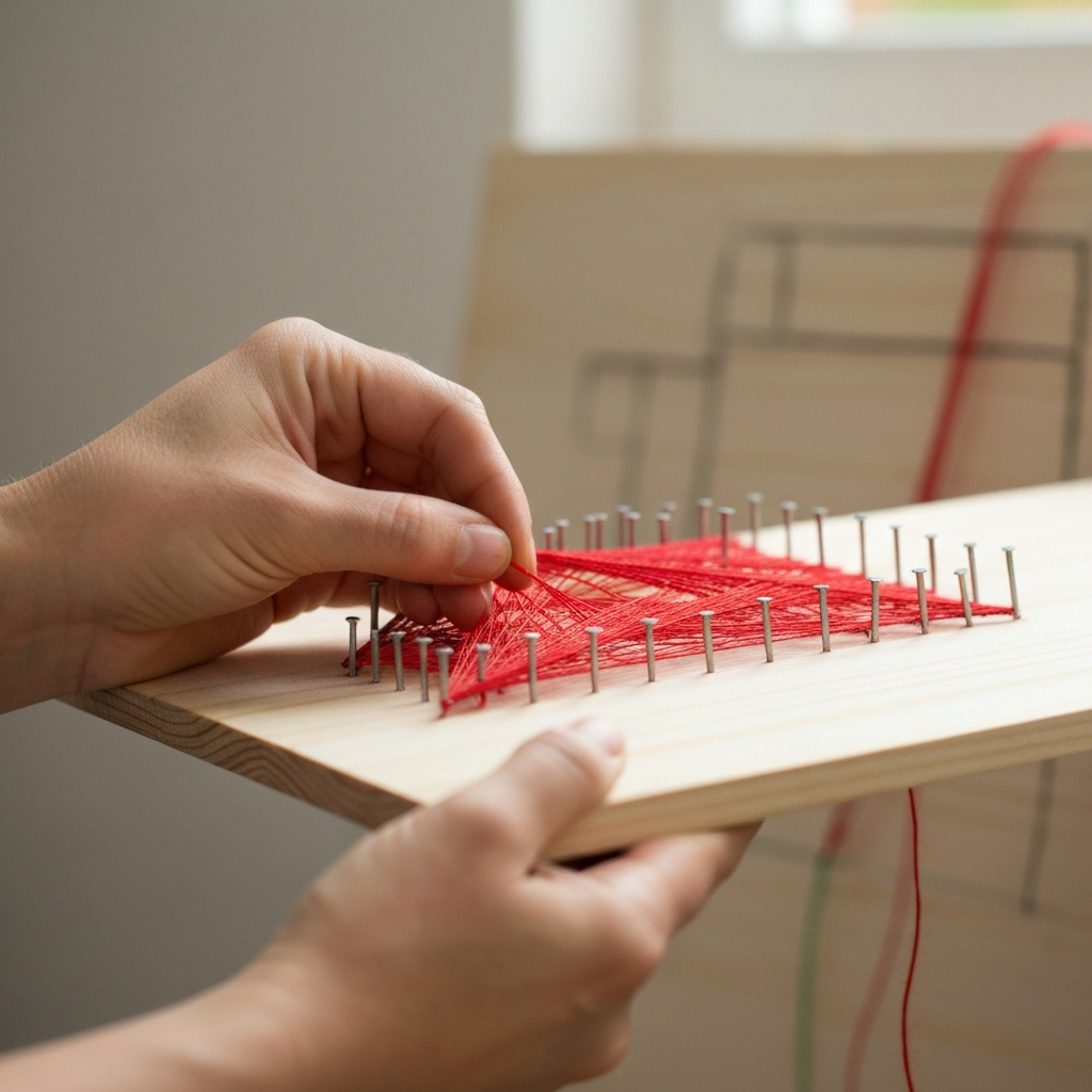 Đôi bàn tay nghệ nhân đang tỉ mỉ đan chỉ tạo hình tranh chỉ 3D trên nền gỗ.