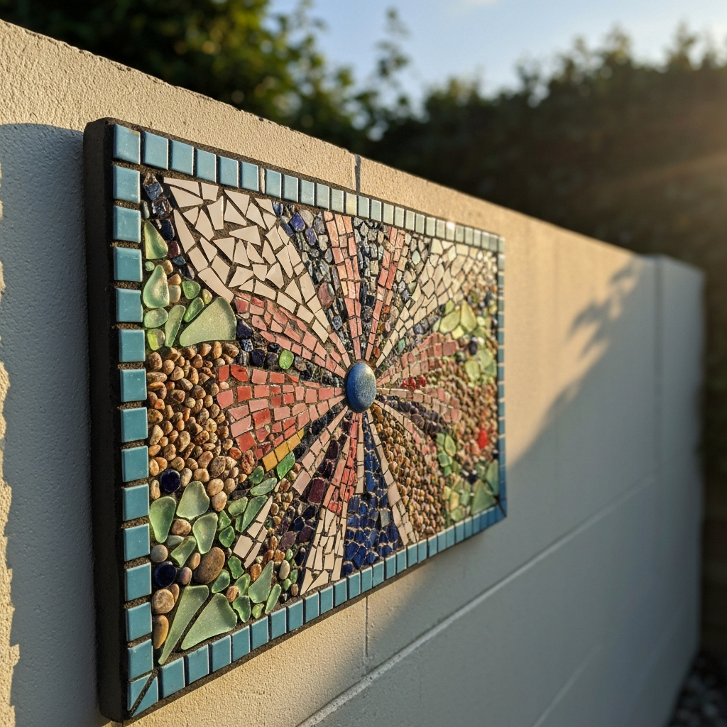 Tác phẩm nghệ thuật mosaic hoàn thiện từ vật liệu tái chế trên tường sân vườn