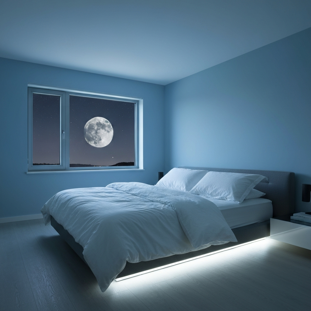 Tranh chỉ phát sáng màu neon với đèn UV trong phòng ngủ hiện đại