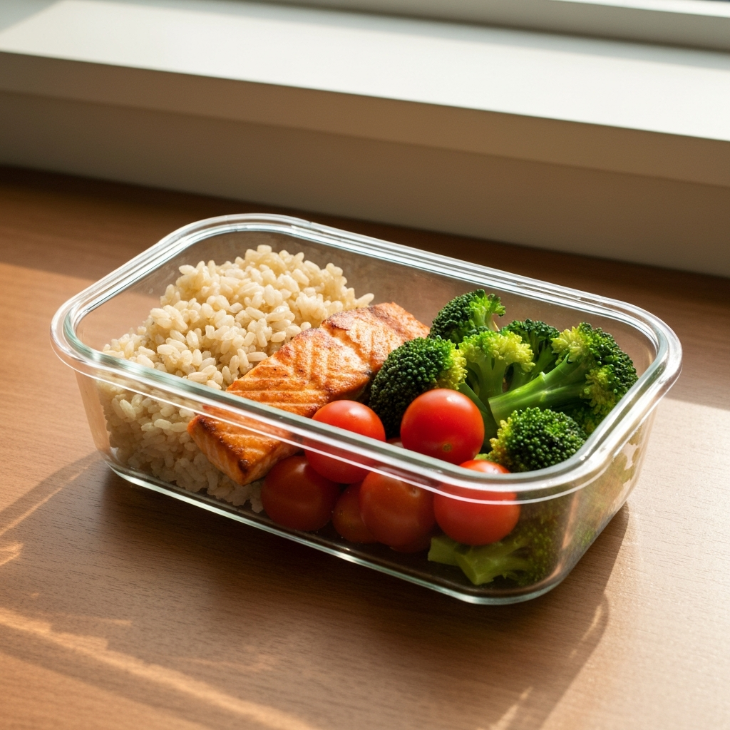 Hộp cơm trưa Eat Clean với cá hồi, gạo lứt và rau xanh