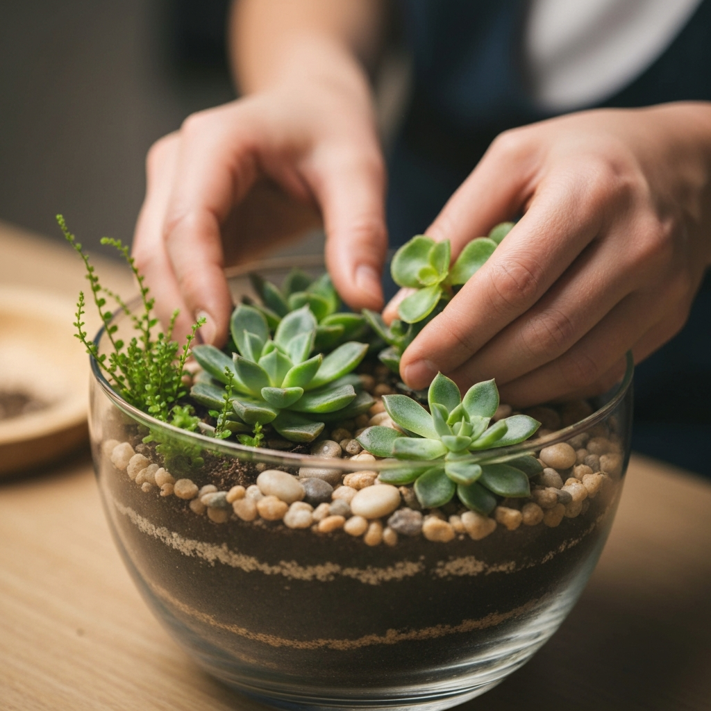 Bàn tay đang tỉ mỉ sắp xếp lớp đất và sỏi trong bình Terrarium
