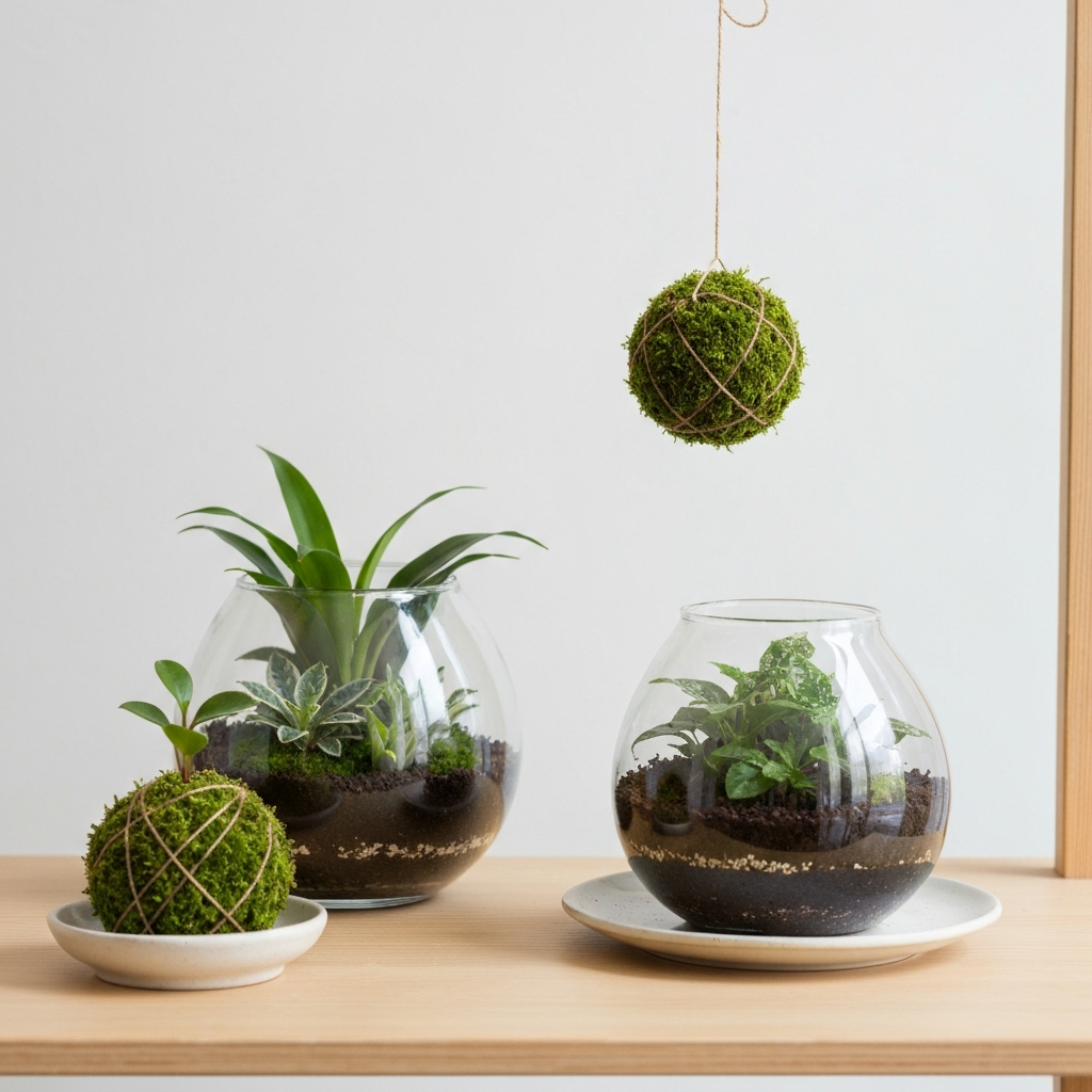 Tiểu cảnh Terrarium và Kokedama thành phẩm trang trí trên kệ