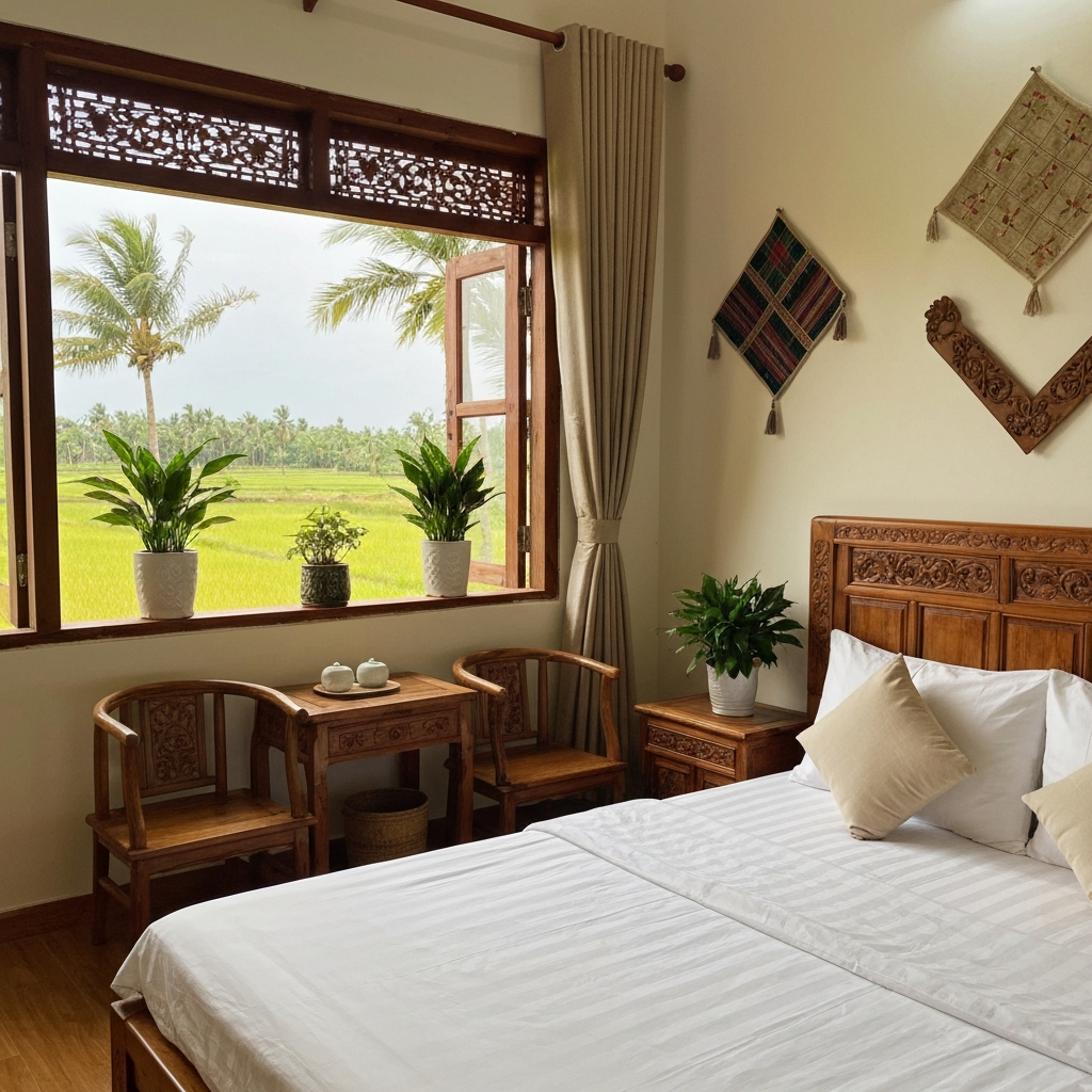 Phòng homestay ấm cúng với nội thất truyền thống Việt Nam