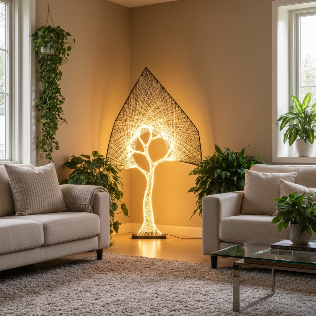 Tượng tranh chỉ hình cây với đèn LED dải tạo hiệu ứng ánh sáng mềm mại trong góc phòng khách