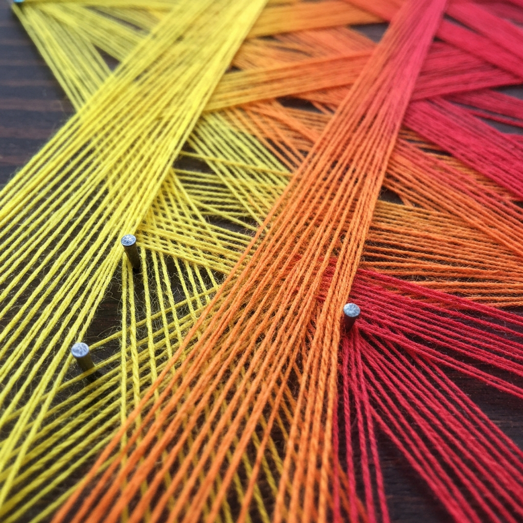 Cận cảnh tác phẩm string art với hiệu ứng chuyển màu gradient sống động từ vàng sang cam và đỏ, thể hiện kỹ thuật cuốn chỉ tinh xảo.