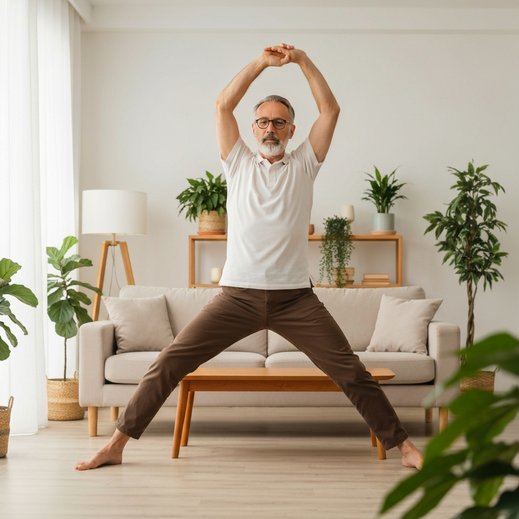 Người tập yoga nhẹ nhàng trong phòng khách