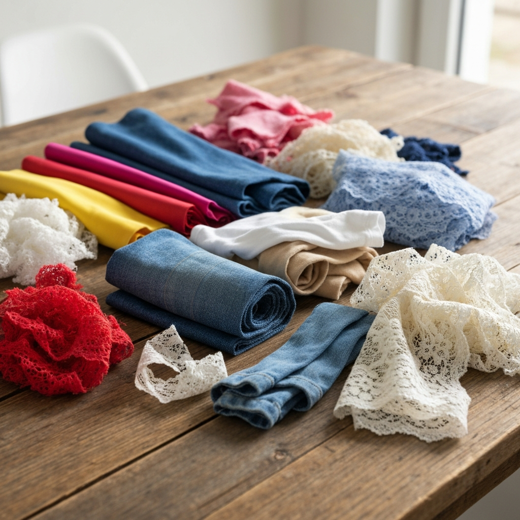 Các loại vật liệu thời trang tái chế như vải vụn, mảnh denim, dải áo thun cũ được sắp xếp gọn gàng.