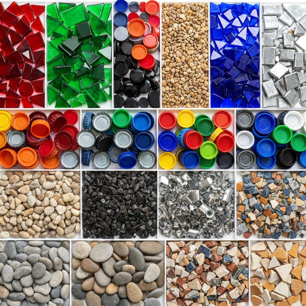 Các loại vật liệu tái chế được sắp xếp gọn gàng cho dự án mosaic
