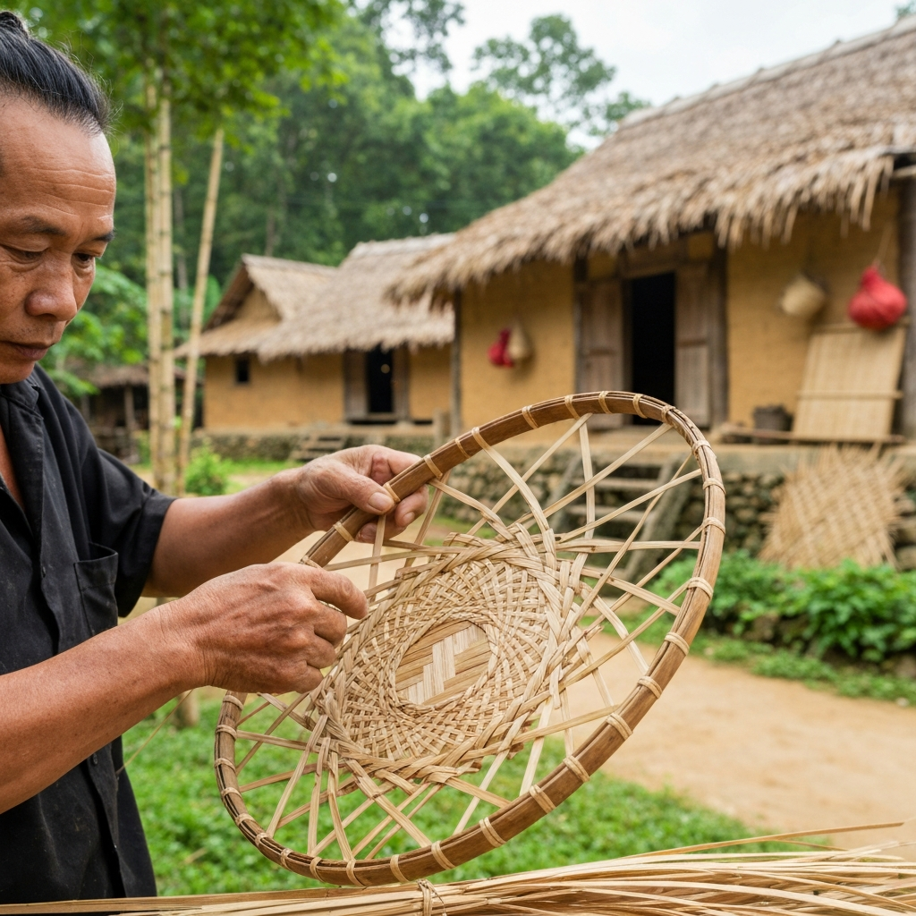 Đôi bàn tay nghệ nhân Việt đang tỉ mỉ đan lát sản phẩm mây tre