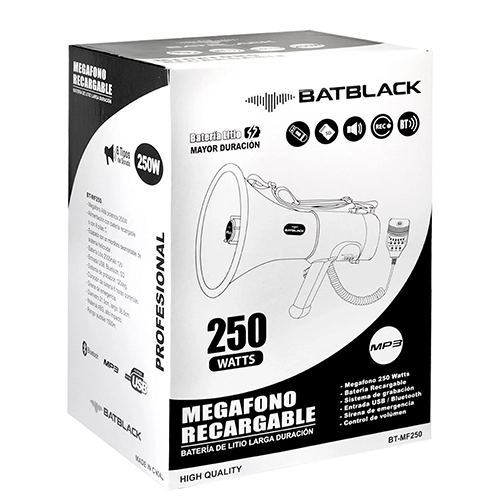 megafono batblack 250W con bateria, sistema de grabacion y bluetooth