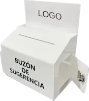Buzón de Sugerencias en acrílico con bolsillo, puerta con chapa y logotipo