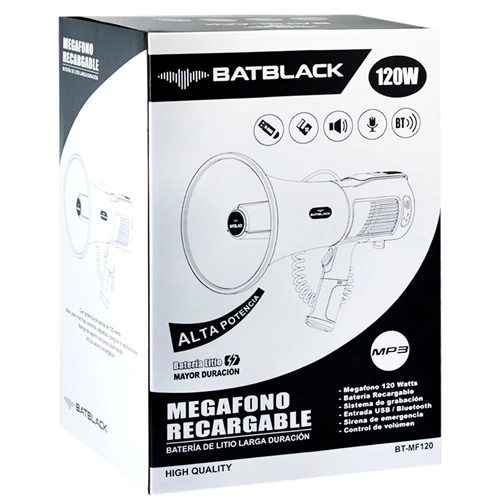 megafono batblack 120W con bateria, sistema de grabacion y bluetooth