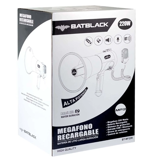 megafono batblack 220W con bateria, sistema de grabacion y bluetooth