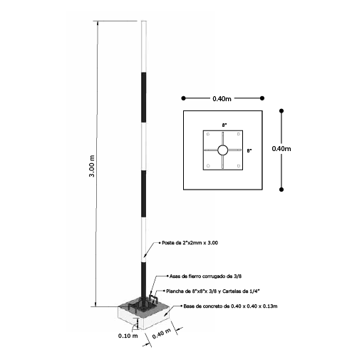 poste con base de concreto y brida
