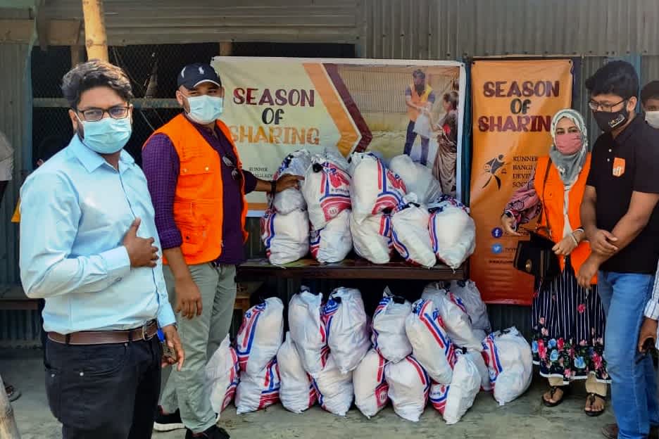 Bags of grain ready for handing out at Phulmela School, Dhaka