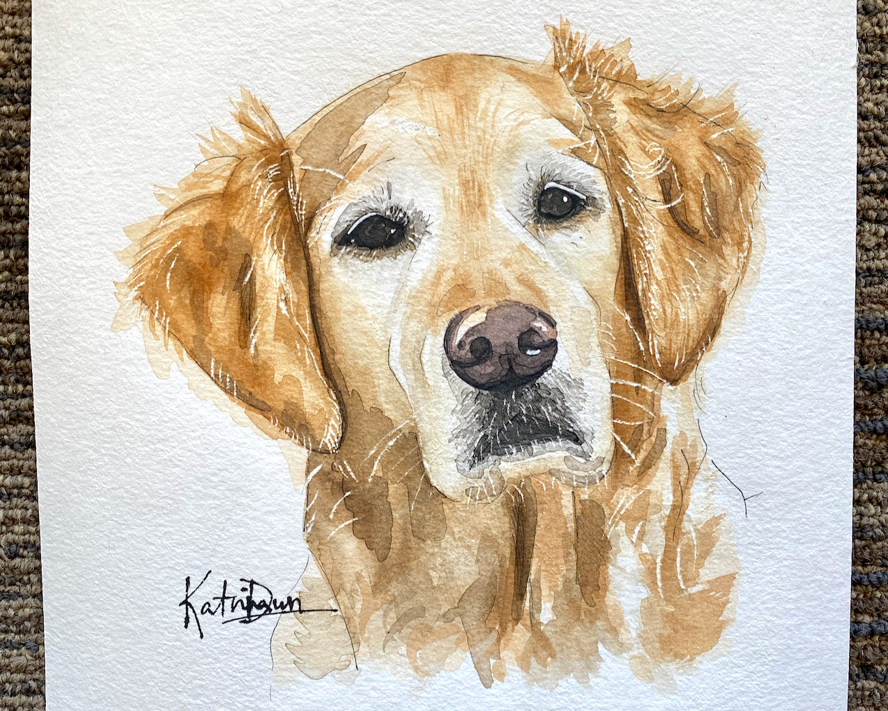 Watercolour pet portrait of Golden Retriever by Katrina Dawn