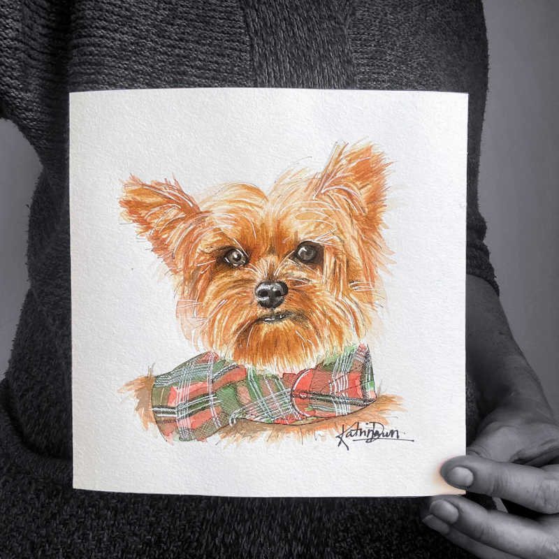 A watercolour sketch pet portrait of a Yorkie dog named Kessel