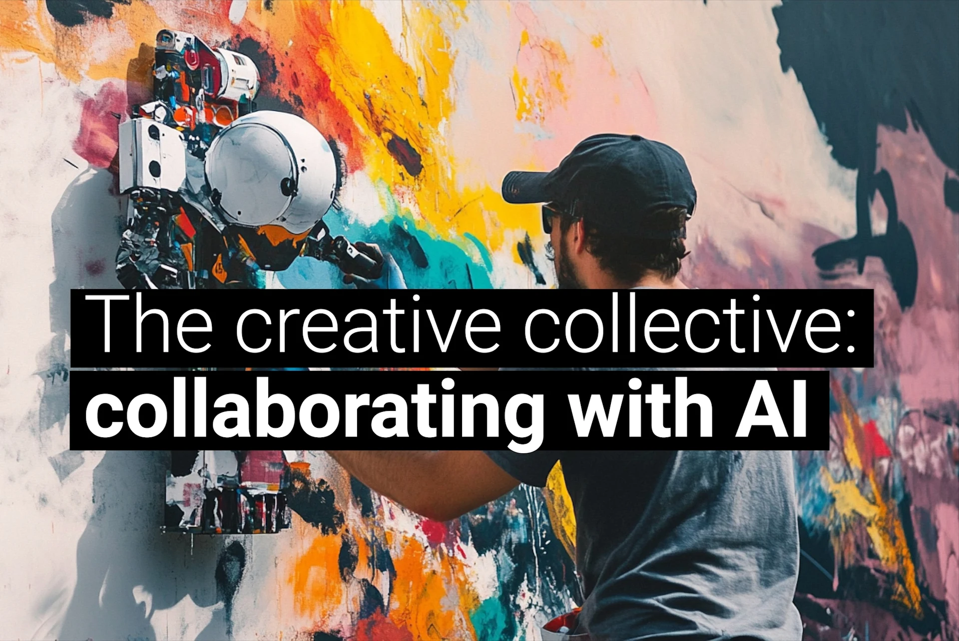An AI-generated image of a man using a robotic assistant to paint a mural, with the text 'The creative collective: collaboration with AI' in the foreground.