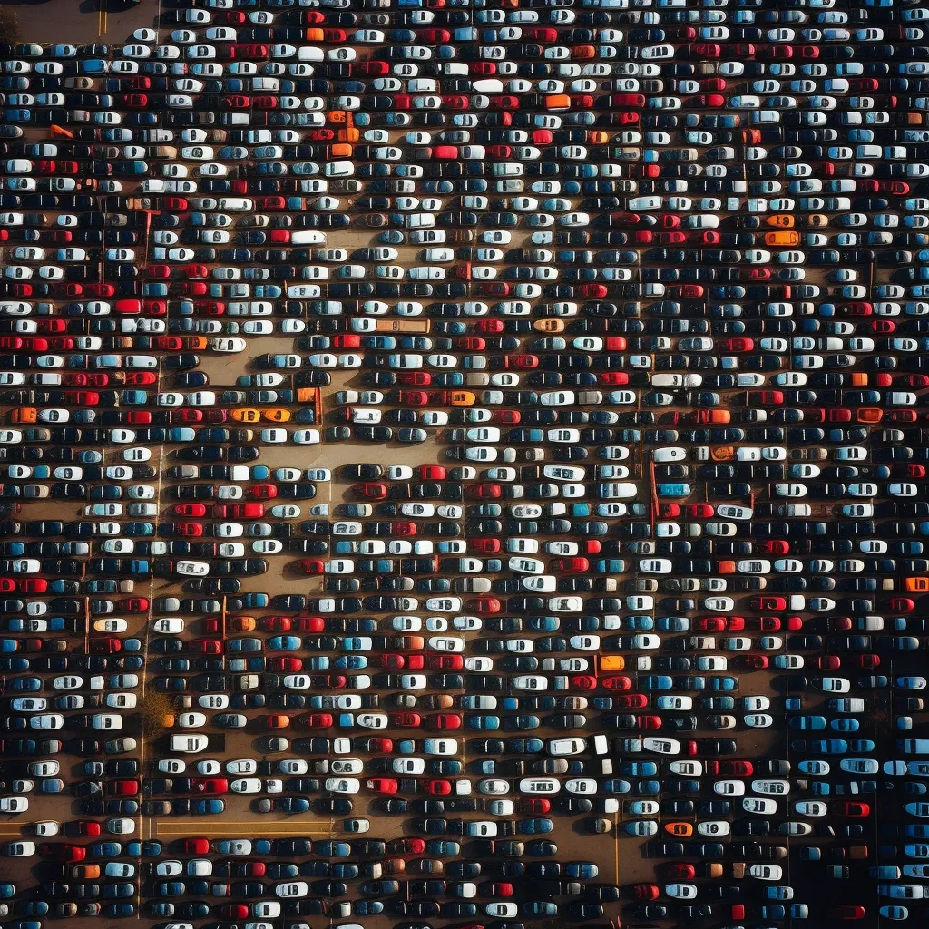 An AI-generated image of a bird's eye view of a gridlocked parking lot containing hundreds of cars.
