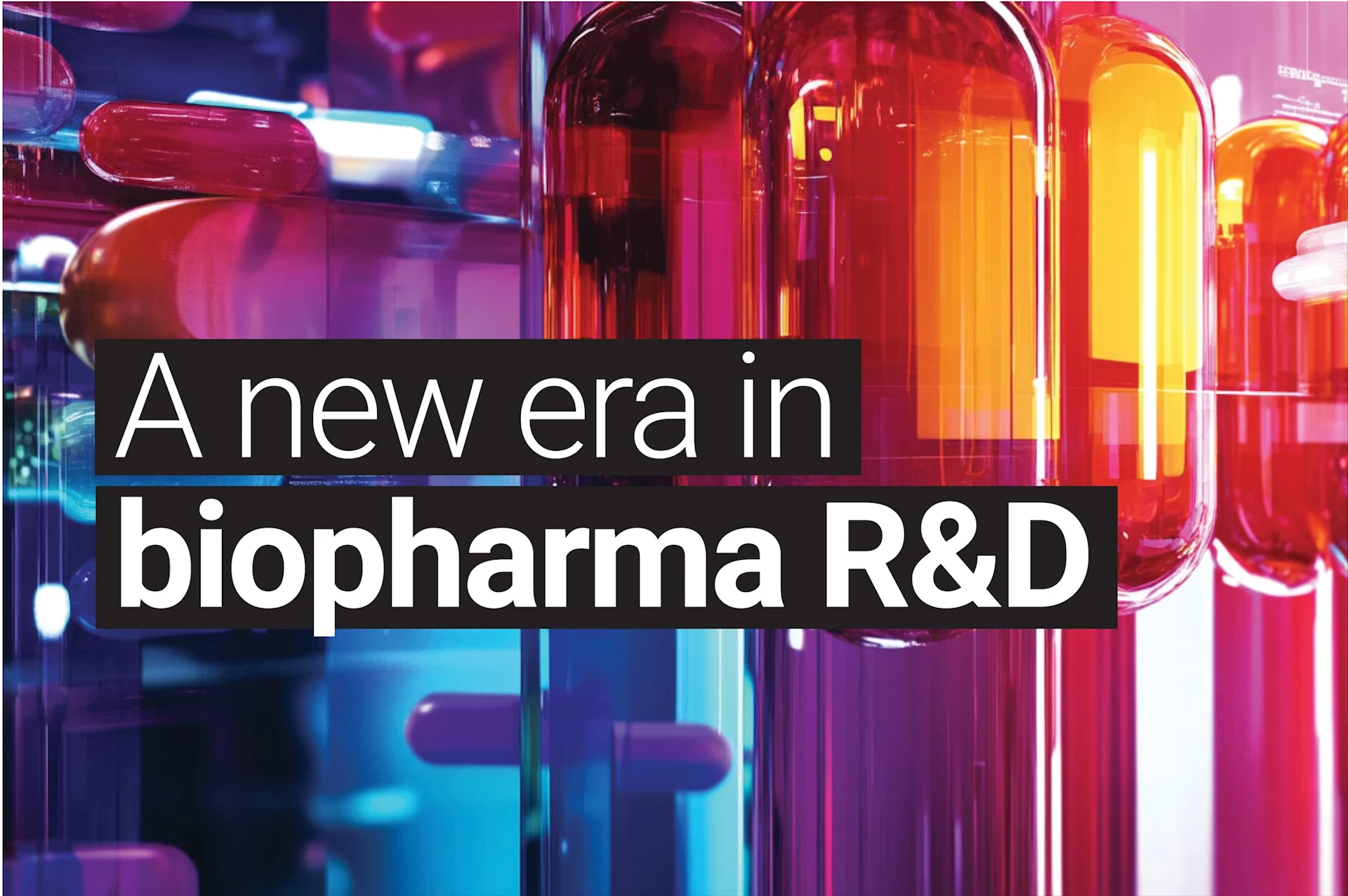 A header illustration featuring an AI-generated backdrop of shapes resembling pills in multiple colors, with the text 'A new era in biopharma R&D' overlaid on top.