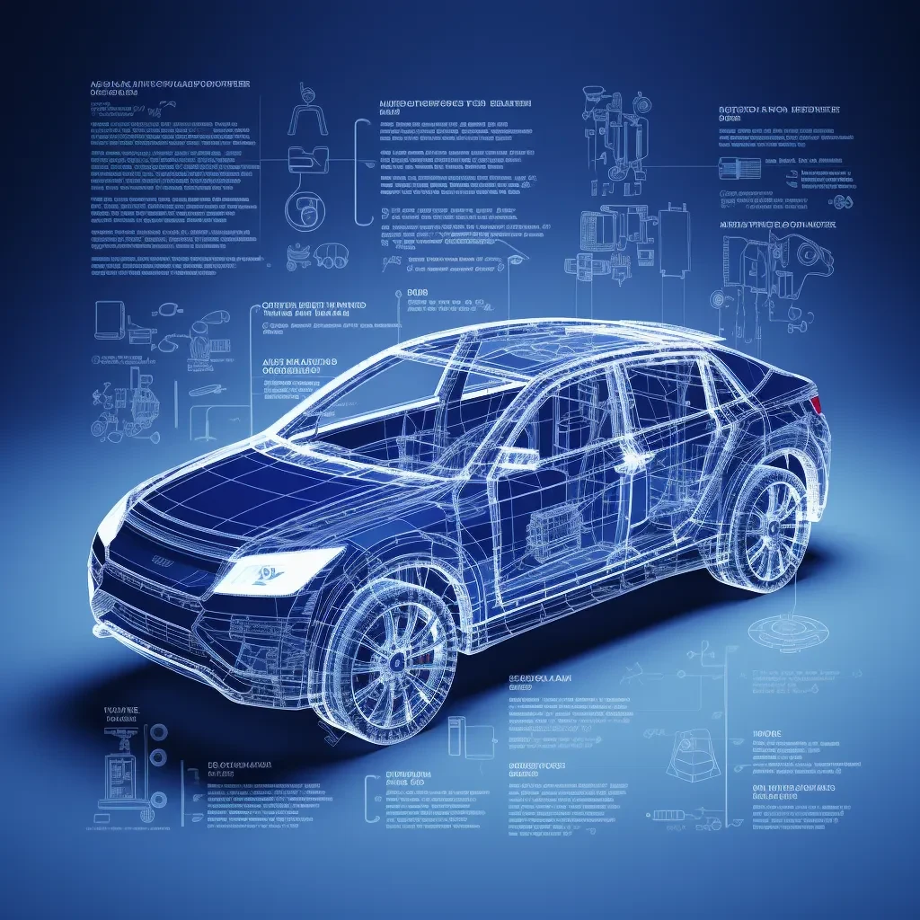 An illustration of a car in blueprint style, with diagrammatic callouts and nonsense text pointing to various components.