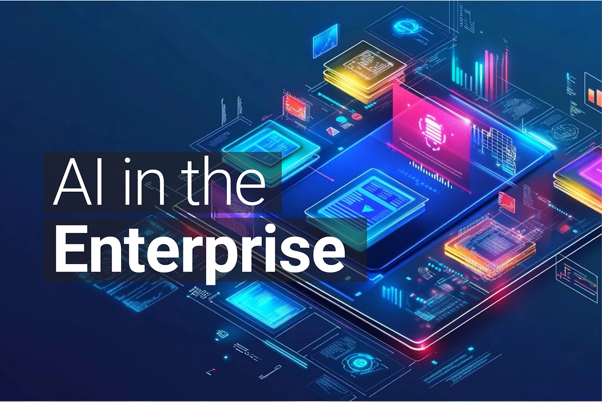 Illustration showcasing artificial intelligence (AI) in enterprise technology, featuring futuristic digital interfaces, data visualizations, and glowing holographic elements on a blue background.