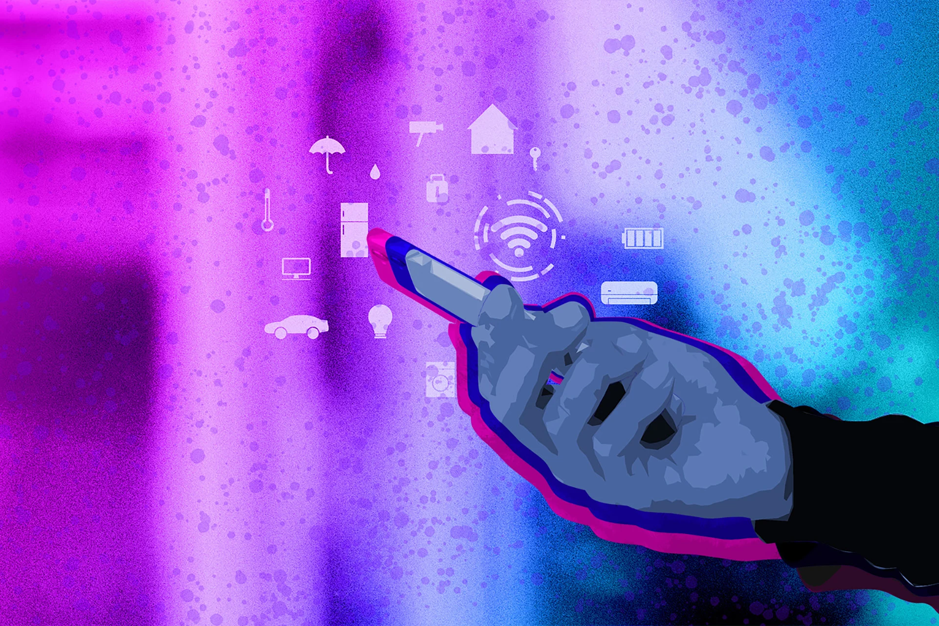 An illustration of a hand holding a smartphone with a collection of icons surrounding the device, including images of a car, wifi signal, house, umbrella, battery and more, suggesting insurable assets.