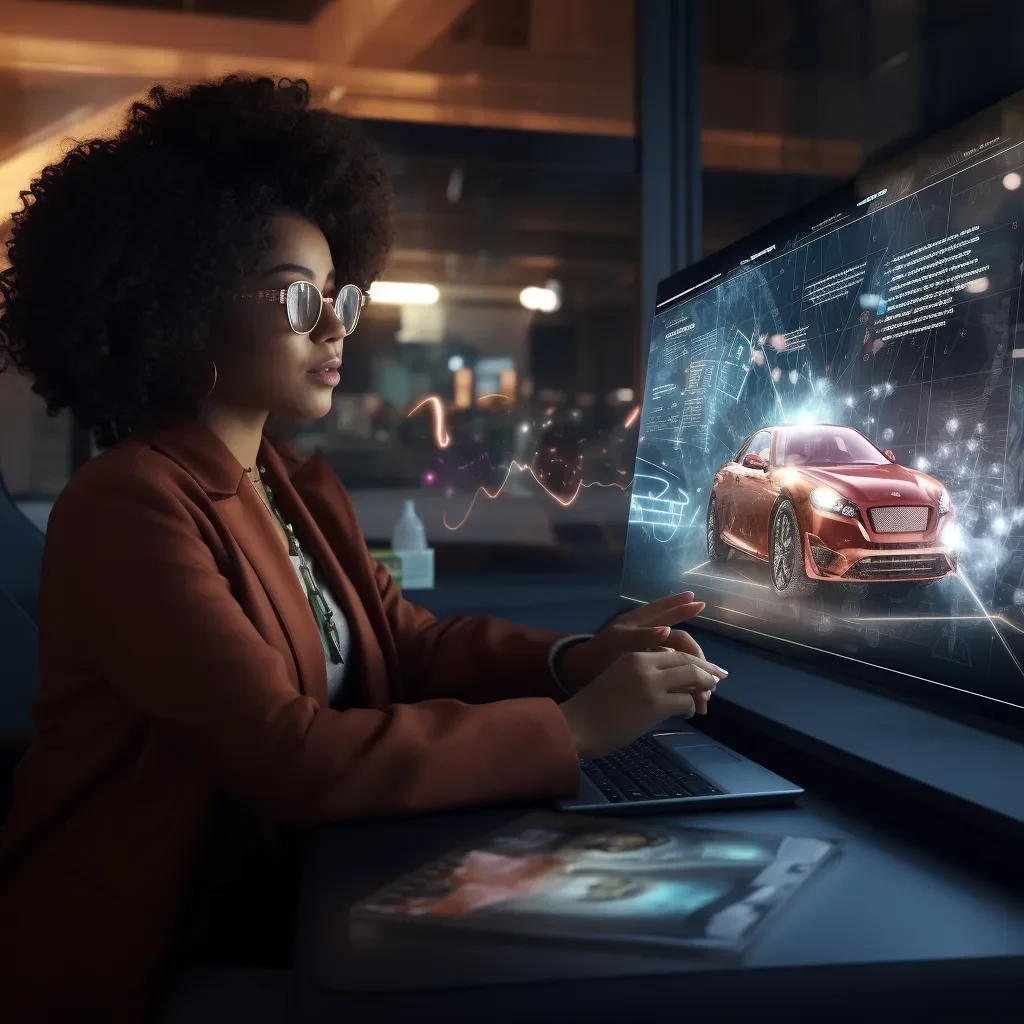 AI-generated image of a woman looking at a computer with a car on the monitor.