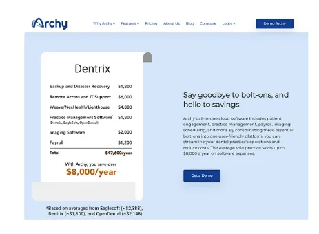 Archy screenshot showing the cost of using Dentrix services.