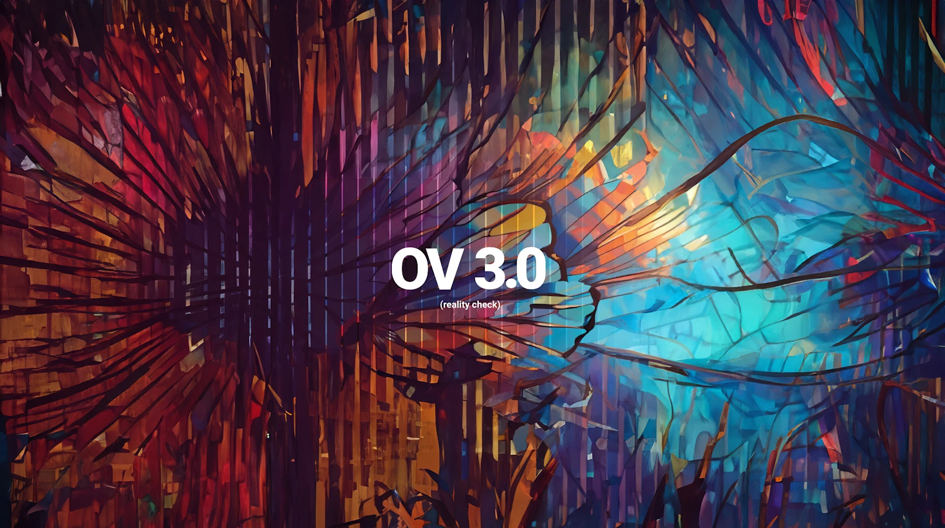 An abstract illustration resembling a close-up of butterfly wings combined with an alien landscape, with the text 'OV 3.0 (reality check)' superimposed on top.