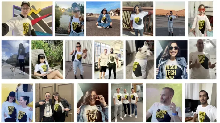 Collage of diverse people wearing white t-shirts with various logos, posing in different locations such as outdoors, in offices, and at home.