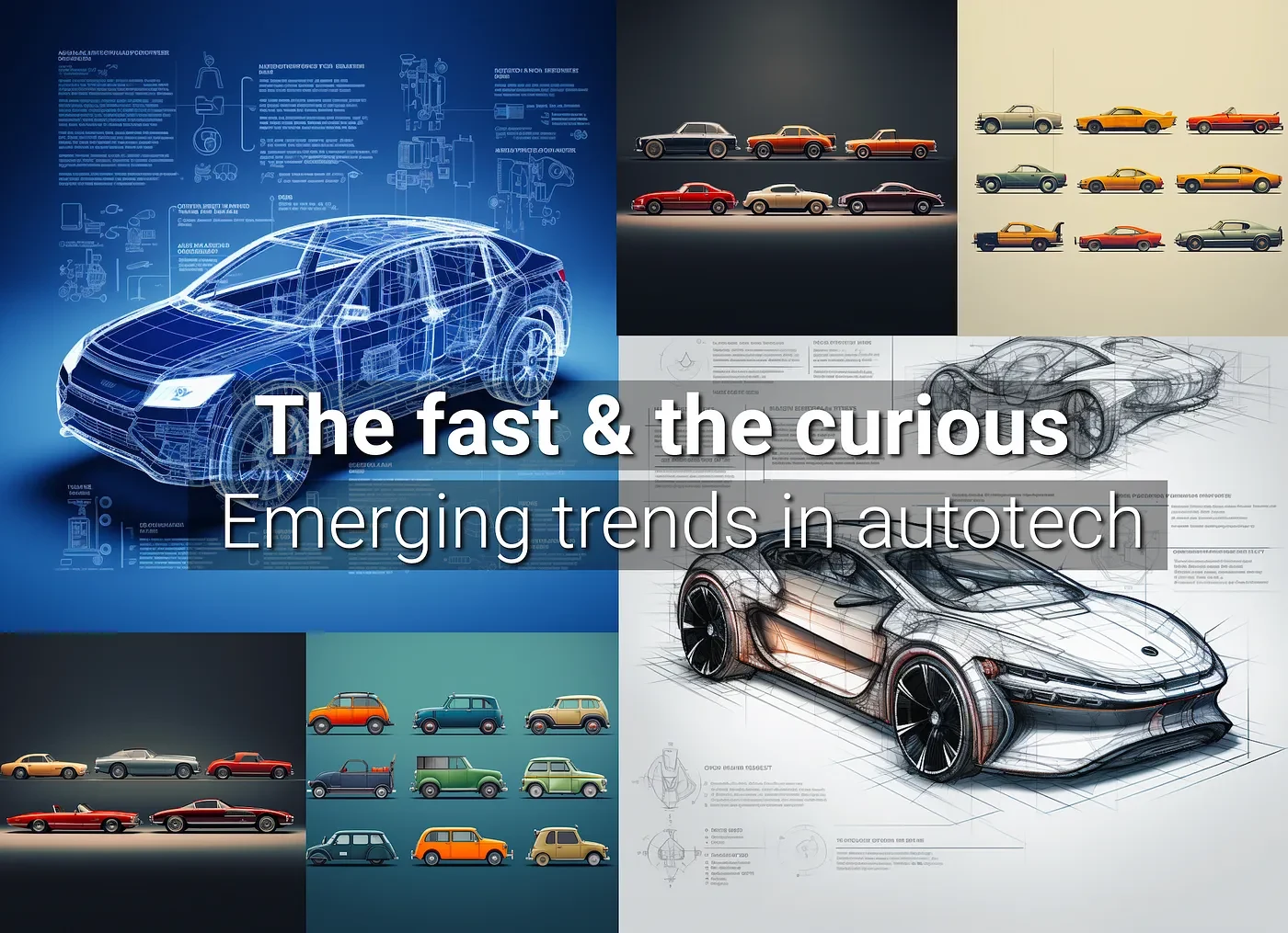 A composite image made up of a number of illustrations of cars and vehicles, with the text 'The fast & the curious, emerging trends in autotech' overlaid on top.