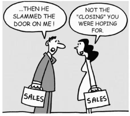 Cartoon drawing of a man peaking to a woman about a deal closing that didn't go as planned. Humorous.