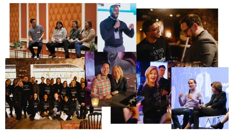 Collage of diverse groups at an event, engaging in panels, talks, and networking. Some wearing "folding is for laundry" sweatshirts in various settings.