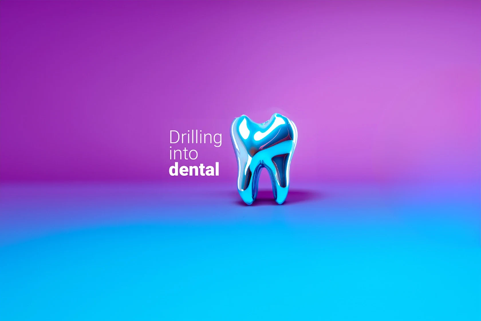 An illustration of a computer-generated metallic human tooth, on a gradient purple and blue background, with the text 'Drilling into dental' on the left side of the tooth in the center of the image.