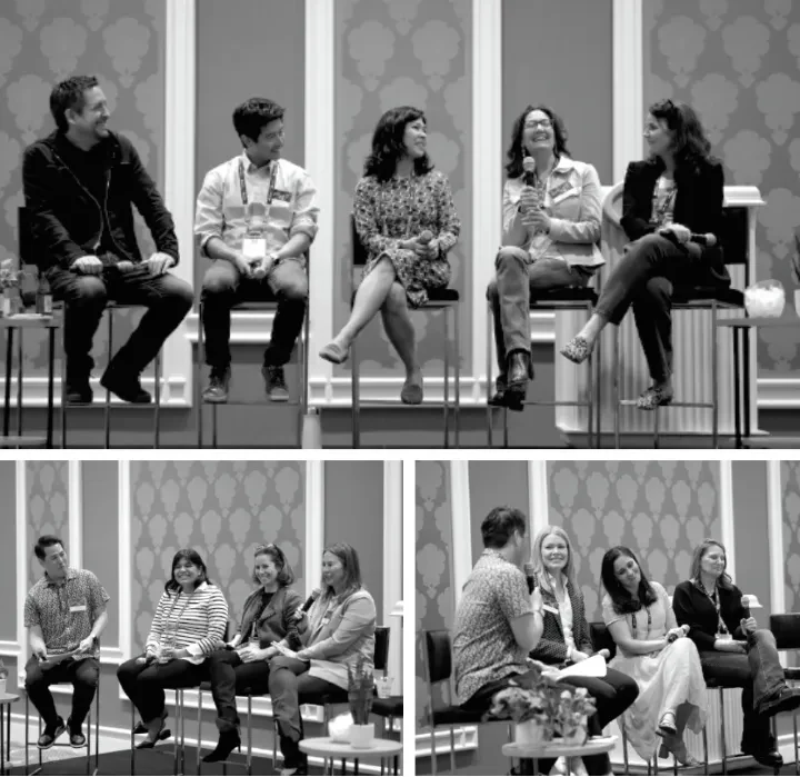 Three panels showing two different groups of people seated in discussion during a panel event.