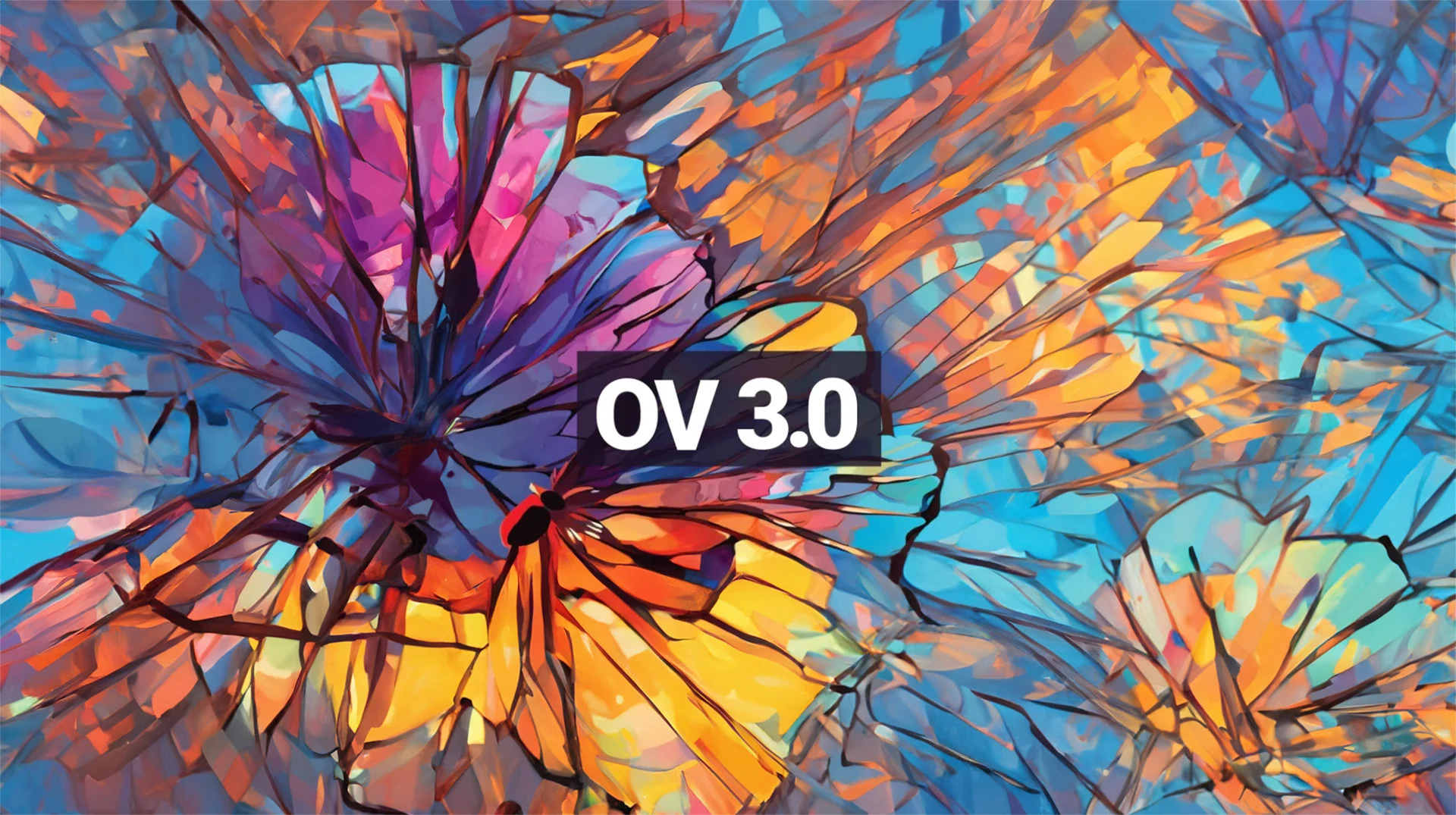 An abstract image of multicolored, fractal and organic-looking patterns resembling the details of butterfly wings, with the text 'OV 3.0' overlaid on top.