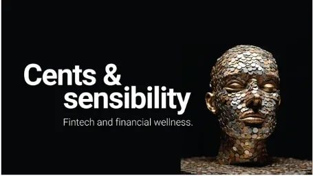 Cents and sensibility headline. The shape of a face made with money.