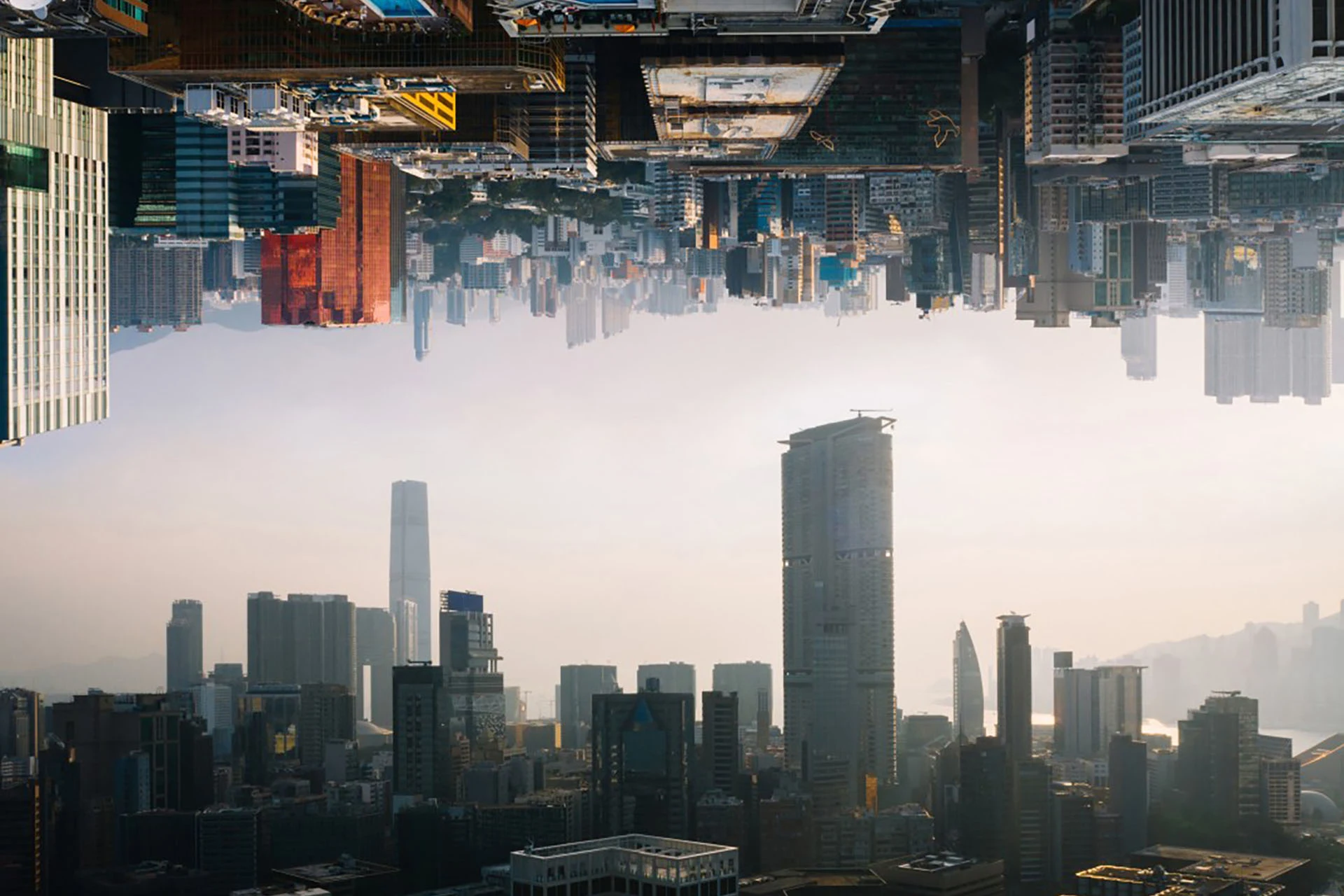 An AI-generated image of two cities on top of each other flipped as if in a mirror image.