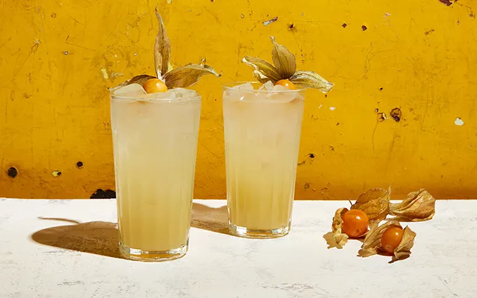 Two Gin Genie cocktails on a yellow backdrop with physalis on the side