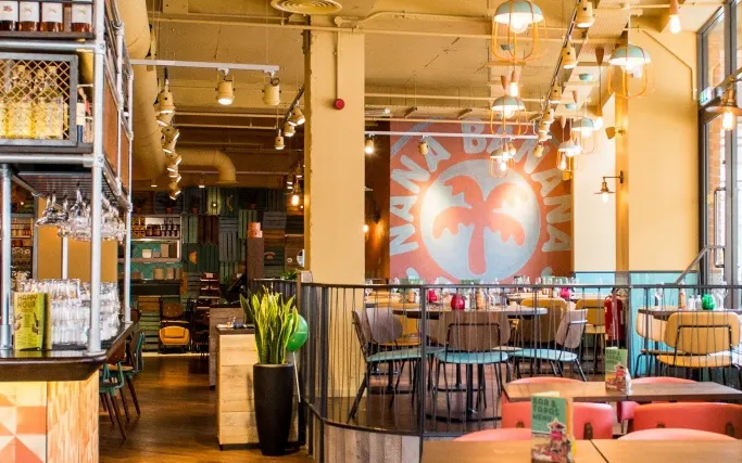 Colourful bar front and wall mural at Las Iguanas Coventry