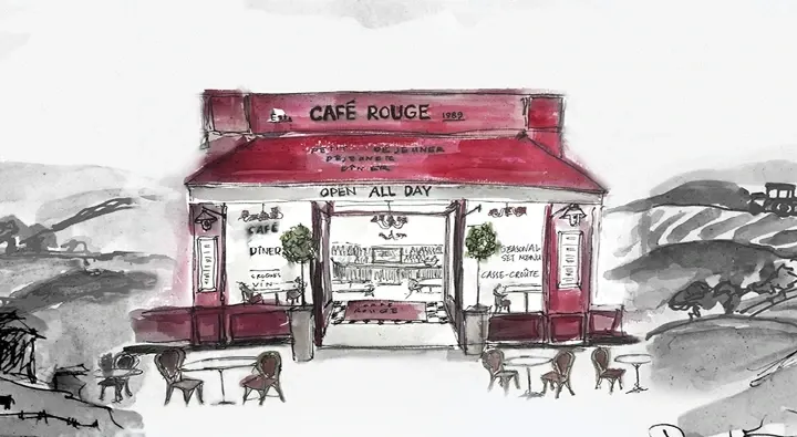 Hand drawn illustration of a Cafe Rouge restaurant