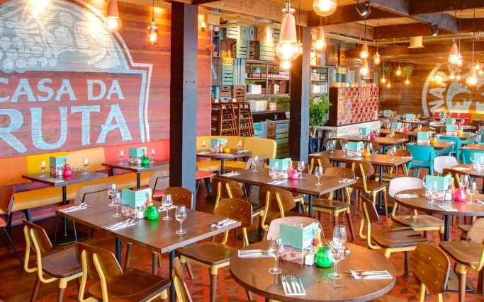 Colourful interior of Las Iguanas Torquay with wood panelled walls and murals