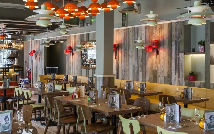 Colourful interior of Las Iguanas Edinburgh with hanging pendant lights