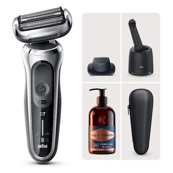 Rasoio elettrico Braun Series 7 71-S7200cc e Detergente per viso e barba King C. Gillette