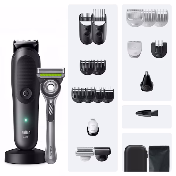 Braun Series 9 kit rifinitore elettrico all-in-one con testine intercambiabili multiple e rasoio Gillette Braun Series 9 kit rifinitore elettrico all-in-one con testine intercambiabili multiple e rasoio Gillette