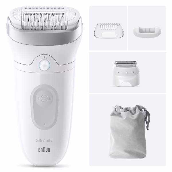 Rendering vista frontale di Silk·épil 7 con custodia, cappuccio a contatto con la pelle, testina radente e pettine rifinitore su un box grigio accanto al rendering su sfondo bianco. Rendering vista frontale di Silk·épil 7 con custodia, cappuccio a contatto con la pelle, testina radente e pettine rifinitore su un box grigio accanto al rendering su sfondo bianco.